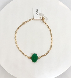 Pulseira dourada elos ovais com cristal verde esmeralda leitoso na internet