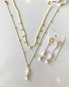 Colar dourado bolinhas metal na corrente, mini cristais, pérolas e zirconia - loja online