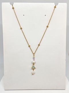 Colar dourado bolinhas metal na corrente, mini cristais, pérolas e zirconia