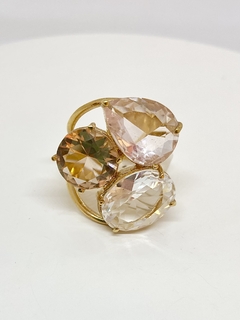 Anel dourado cristais naturais fumê, pêssego e transparente - comprar online
