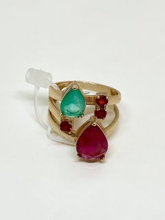Anel dourado cristais naturais verde, pink e vermelho - comprar online