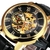 Relógio de Pulso Mecânico Masculino, Dourado, Esqueleto, Couro, Gravura Oca 3D, Luxuoso, automático Marca Superior,