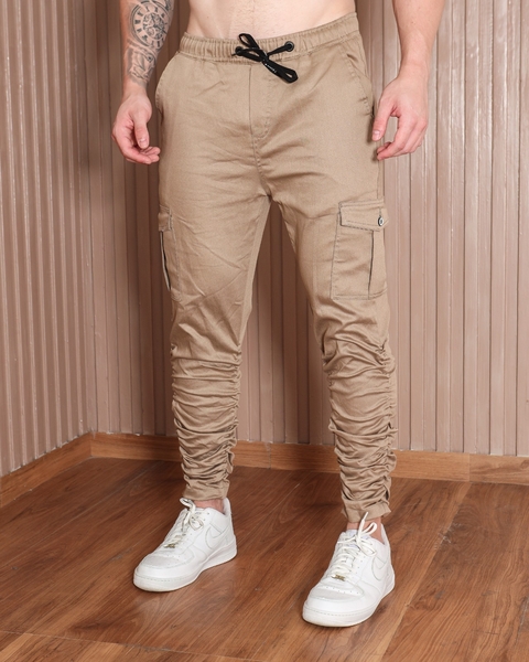 Calça Jogger Cargo Drapiada Masculina Sarja Acetinada