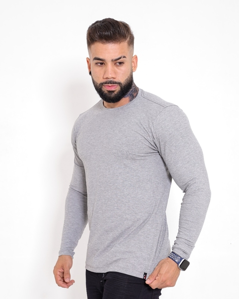 Camisa Manga Longa Canelada Cinza Mescla