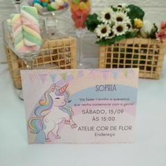 Convite Personalizado Unicornio com capa em papel vegetal - Pacote c/ 10 unidades - Atelie Cor de Flor
