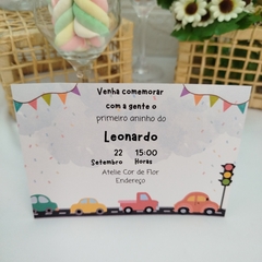 Convite tema Carrinhos com capa em papel vegetal - Pacote c/ 10 unidades