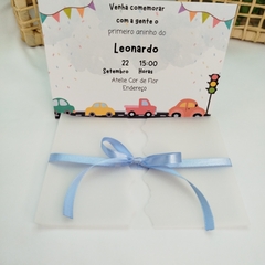Convite tema Carrinhos com capa em papel vegetal - Pacote c/ 10 unidades - loja online