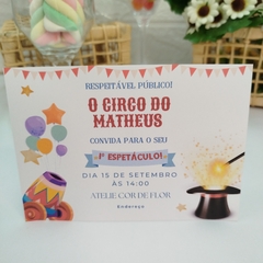 Convite Personalizado tema Circo com capa em papel vegetal - Pacote c/ 10 unidades