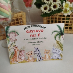Convite Personalizado Bichinhos do Safari com capa em papel vegetal - Pacote c/ 10 unidades - Atelie Cor de Flor