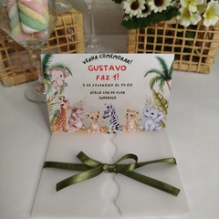 Convite Personalizado Bichinhos do Safari com capa em papel vegetal - Pacote c/ 10 unidades - loja online