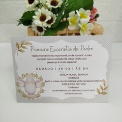 Convite tema Primeira Eucaristia com capa em papel vegetal - Pacote com 10 unidades