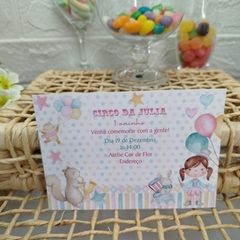Convite Personalizado tema Circo Menina - Pacote c/ 10 unidades - Atelie Cor de Flor