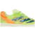 Tênis de corrida Adidas Adizero Prime X na cor Pulse Lime Flash Orange, com detalhes em azul e laranja, design aerodinâmico e solado branco, ideal para esportes e corrida.
