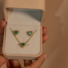 Conjunto Coração Verde - Banho Ouro