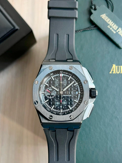 Relógio Audemars Piguet Royal Oak Offshore Chronograph Mostrador Preto Aço Inoxidável | Super Clone + Caixa Inclusa