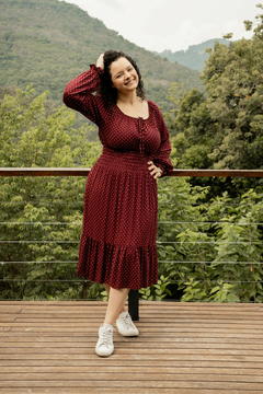 Vestido Maju Midi manga longa com lastex na cintura Marsala Burgundy Poa - comprar online