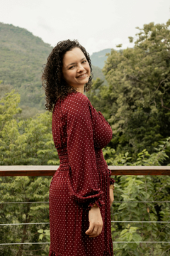 Vestido Maju Midi manga longa com lastex na cintura Marsala Burgundy Poa na internet