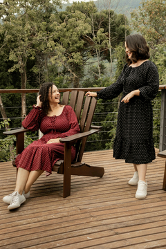 Vestido Maju Midi manga longa com lastex na cintura Marsala Burgundy Poa - Angelica Moda