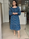 Vestido Maju Midi manga longa com lastex na cintura Azul Liberty