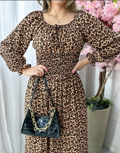 Vestido Mara Longo manga longa com lastex na cintura animal print - Angelica Moda