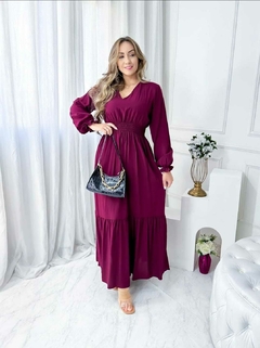 Vestido Analu Longo lastex na Cintura Viscolinho Manga Longa Decote V Marsala