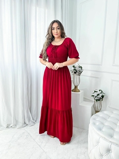 Vestido Thani - Longo com lastex na cintura e manga 3/4 - Vermelho