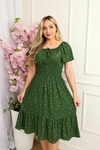 Vestido Manu Flare Midi manga curta com lastex na cintura Verde Estampado