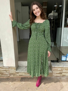 Vestido Fenda Nicole Midi Verde Estampa Liberty