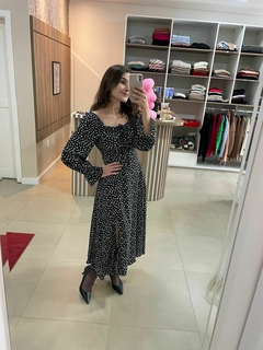 Vestido Fenda Nicole Midi Preto Estampa Liberty - Angelica Moda