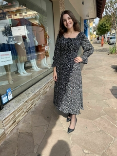 Vestido Fenda Nicole Midi Preto Estampa Liberty