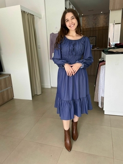Vestido Maju Midi manga longa com lastex na cintura Azul Jeans - Angelica Moda