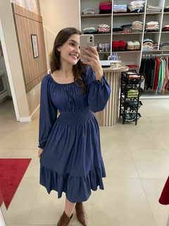 Vestido Maju Midi manga longa com lastex na cintura Azul Jeans na internet
