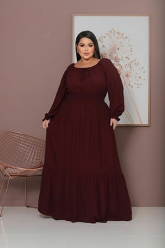 Vestido Mara Plus Longo manga longa com lastex na cintura Marsala Burgundy - comprar online