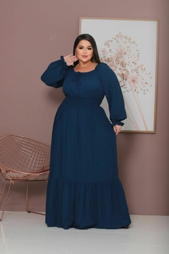 Vestido Mara Plus Longo manga longa com lastex na cintura Azul Petroleo - comprar online
