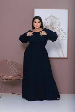 Vestido Mara Plus Longo manga longa com lastex na cintura Preto - comprar online