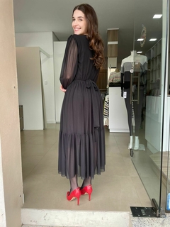 Vestido Clarice Tule com Elastano Preto Manga Longa - Angelica Moda