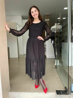 Vestido Clarice Tule com Elastano Preto Manga Longa na internet
