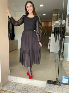 Vestido Clarice Tule com Elastano Preto Manga Longa - comprar online