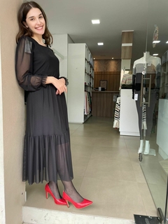 Vestido Clarice Tule com Elastano Preto Manga Longa - loja online