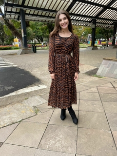 Vestido Clarice Tule com Elastano Animal Print Marrom Manga Longa - Angelica Moda