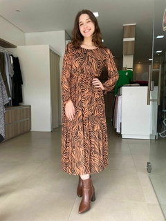 Vestido Clarice Tule com Elastano Animal Print Caramelo Manga Longa - comprar online