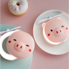 Espelho De Maquiagem e ventilador com Led Portátil - Porquinho Rosa Usb