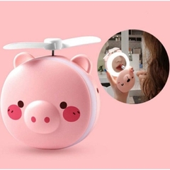 Espelho De Maquiagem e ventilador com Led Portátil - Porquinho Rosa Usb