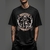 Camiseta unissex preta com estampa de motocicleta e caveira, modelo "Motorcycle Spirit".
