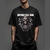 Camiseta preta unissex com estampa de caveira e motor de moto, texto "Motorcycle Soul"
