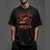 Camiseta unissex preta com estampa de motocicleta clássica vermelha e bege, com texto "Classic Ride Life Style Legendary"