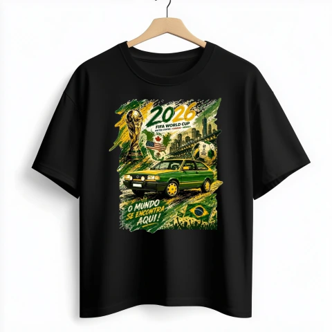 Camiseta preta com estampa do Volkswagen Gol GTI 1989 em verde e amarelo, tema Copa do Mundo FIFA 2026, com taça, bandeiras dos Estados Unidos, Canadá, México e Brasil, bola de futebol e texto "O mundo se encontra aqui!"