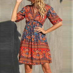 Mini Vestido Floral, Elegante, Boêmio, Clássico, Gola em V, Casual, Férias, Praia, Muito Elegante