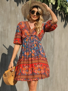 Mini Vestido Floral, Elegante, Boêmio, Clássico, Gola em V, Casual, Férias, Praia, Muito Elegante - comprar online