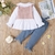Conjunto blusa longa com gola e calça jeans para meninas
